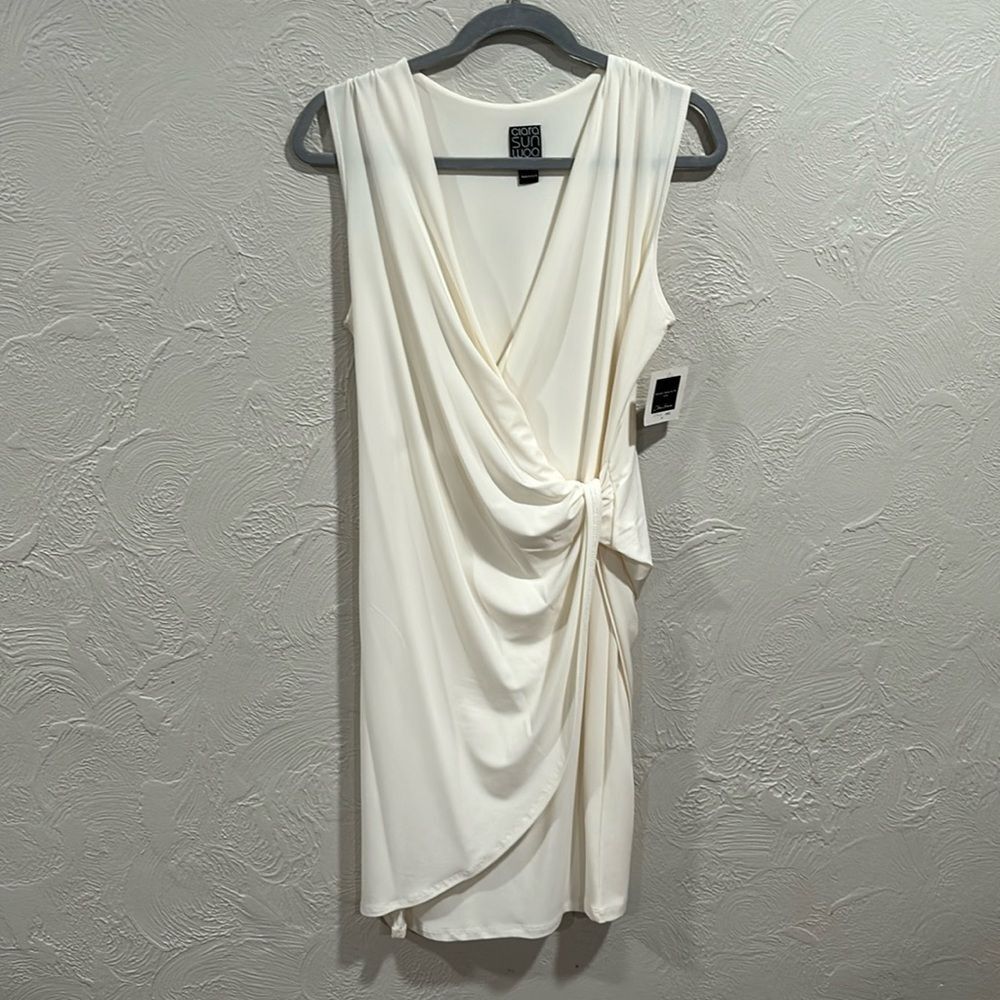 CLARA SUNWOO Off White Faux Wrap Knotted Sleeveless Dress Size Medium